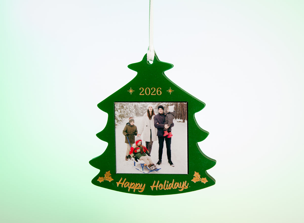 2026 green Christmas tree photo magnet ornament with a personalized family photo