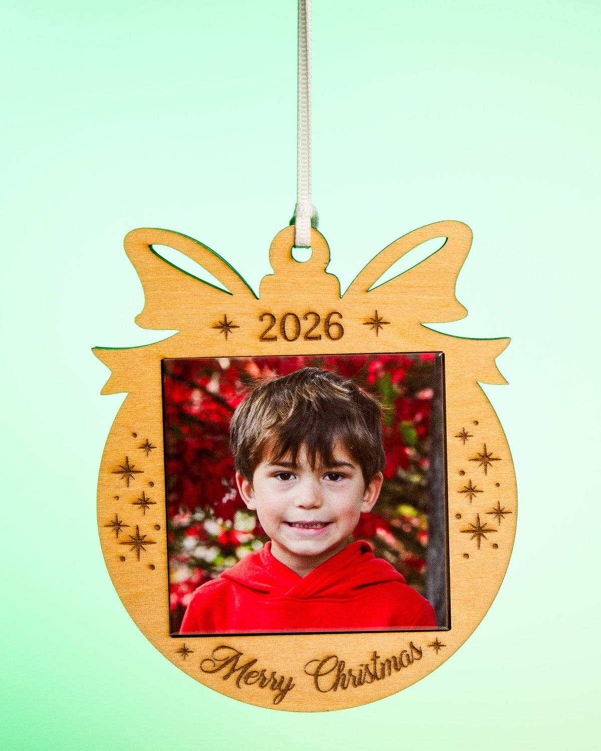 2026 natural wood Merry Christmas photo magnet ornament with a personalized family photo