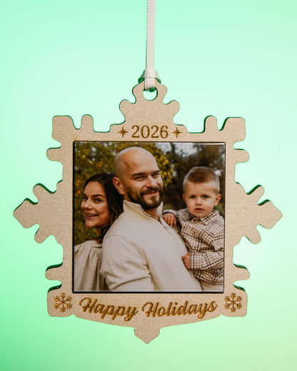 2026 silver snowflake photo magnet ornament with a personalized family photo