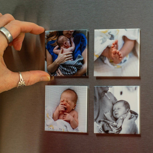Baby photo magnets featuring newborn moments including cuddling, tiny feet, and sleeping baby portraits