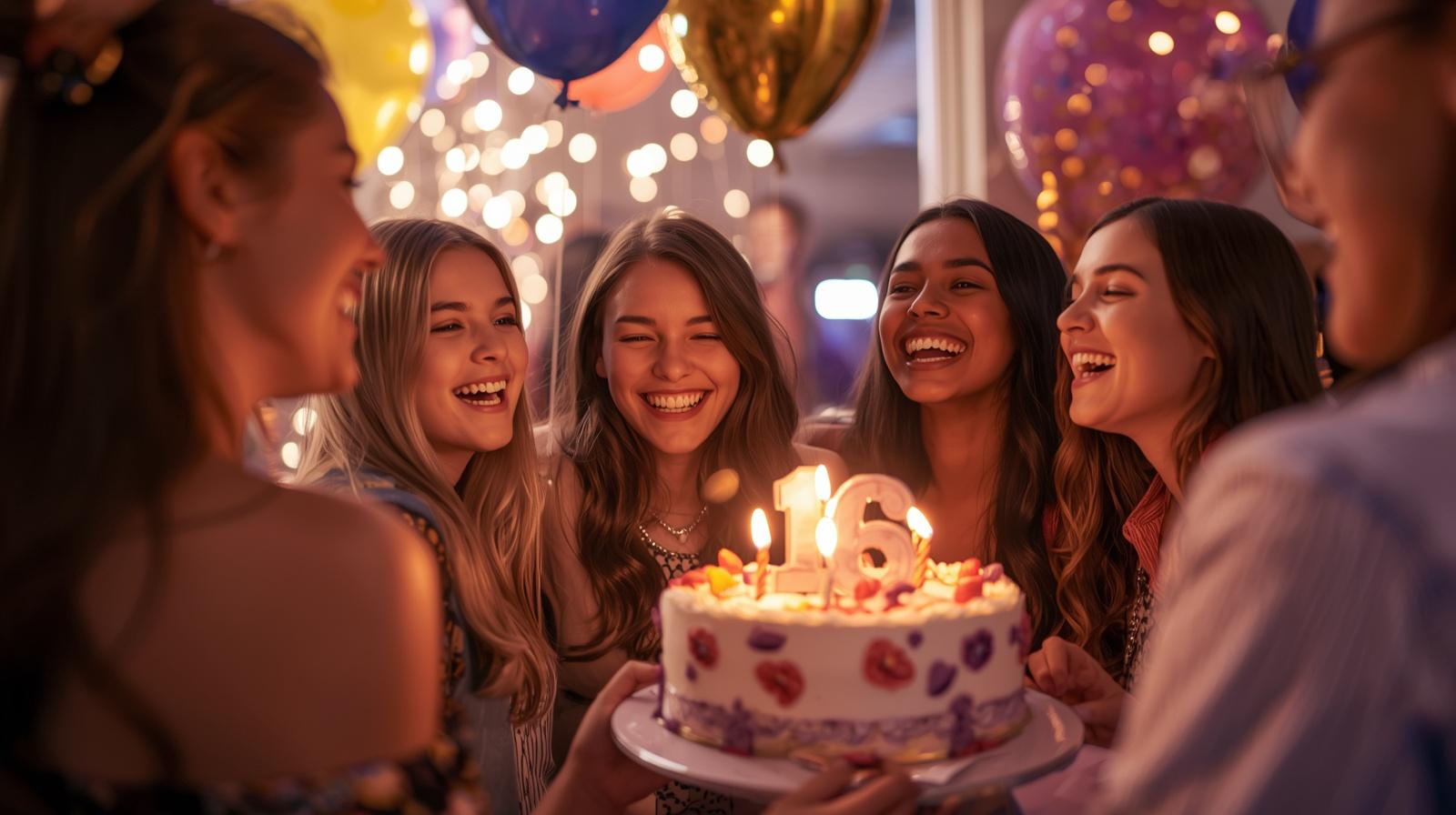 Friends celebrating a birthday with cake and personalized photo magnets