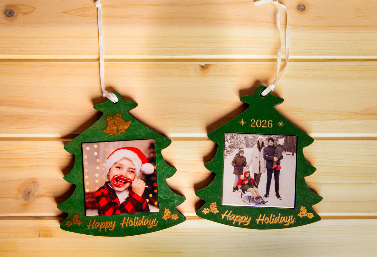 Classic and 2026 green Christmas tree photo magnet ornaments displayed together