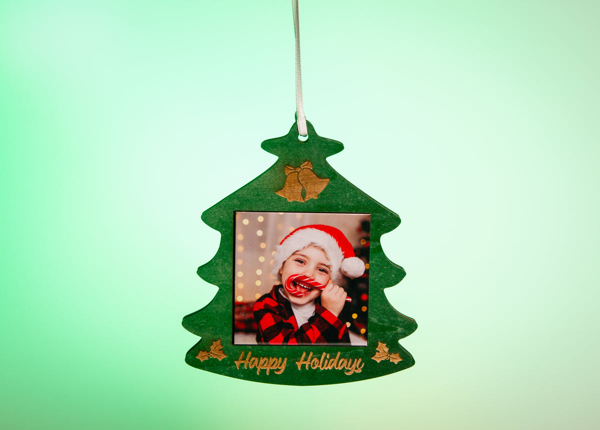Classic green Christmas tree photo magnet ornament with a personalized holiday photo
