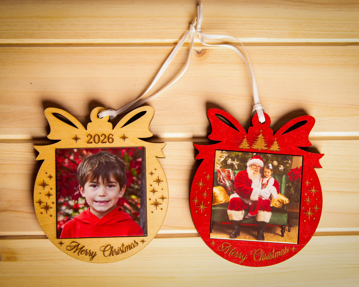 Red and 2026 natural wood Merry Christmas photo magnet ornaments displayed together