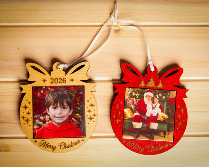 Red and 2026 natural wood Merry Christmas photo magnet ornaments displayed together