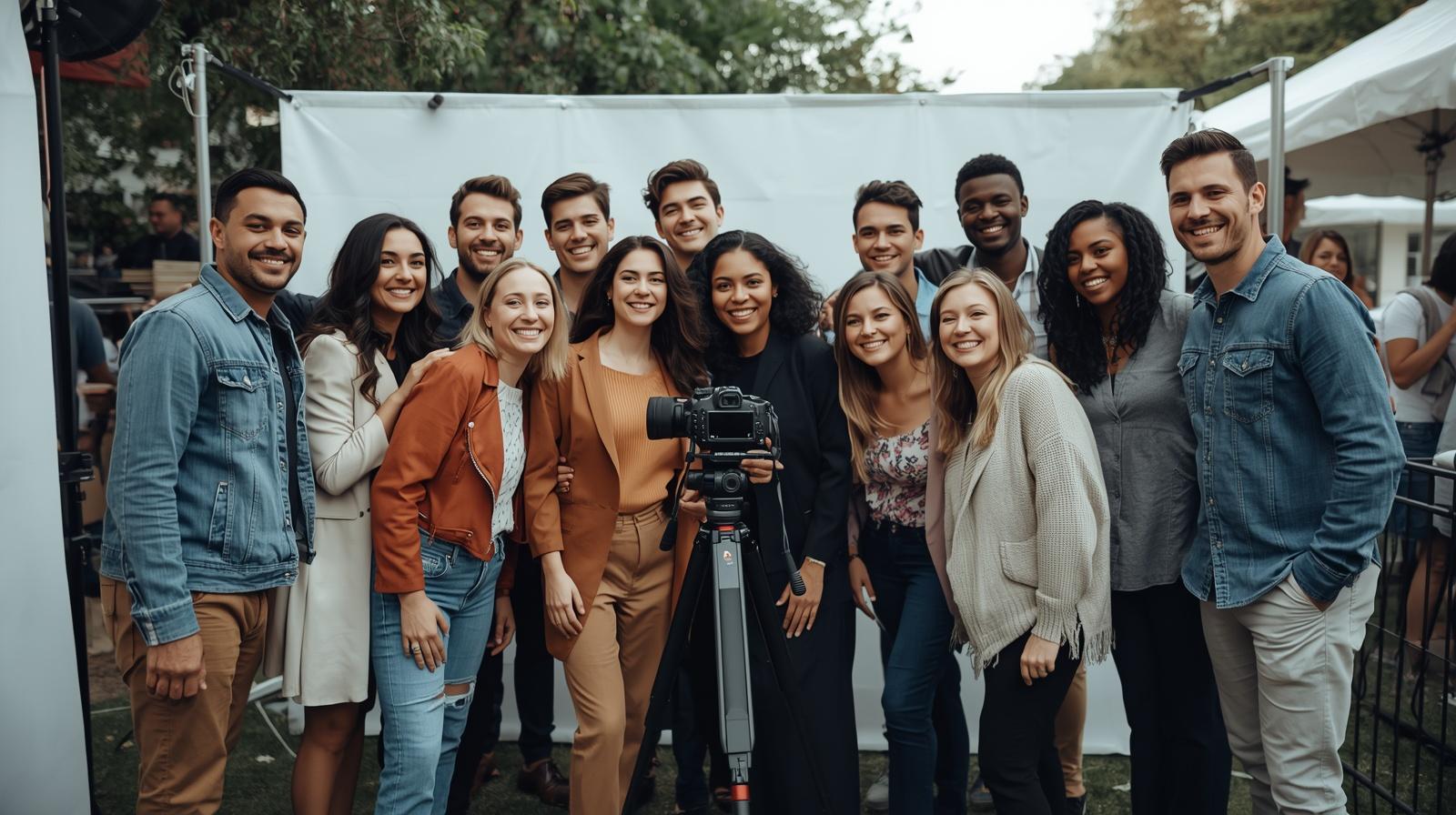Group posing for a photo at a corporate event with a camera setup for photo magnets