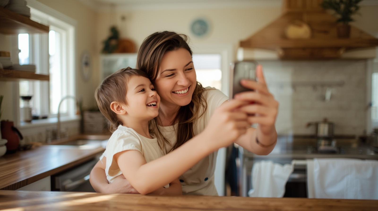 Parent and child smiling together at a photo captured as a custom magnet at home