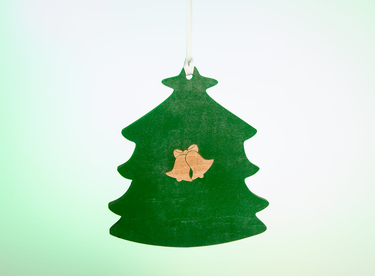 Back of green Christmas tree photo magnet ornament showing removable magnet hardware