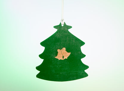 Back of green Christmas tree photo magnet ornament showing removable magnet hardware