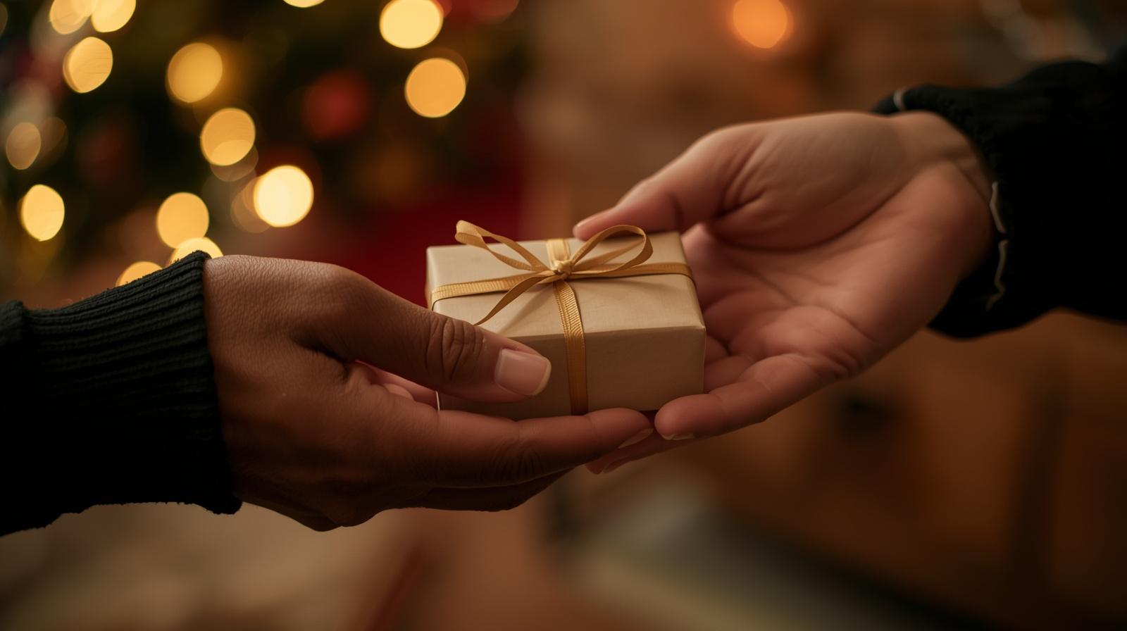 Hands exchanging a small gift representing a meaningful photo magnet keepsake