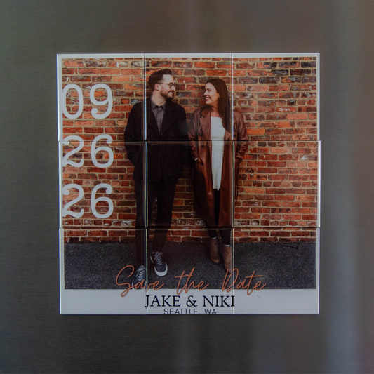 Personalize photo puzzle magnet for couple's save the date announcement