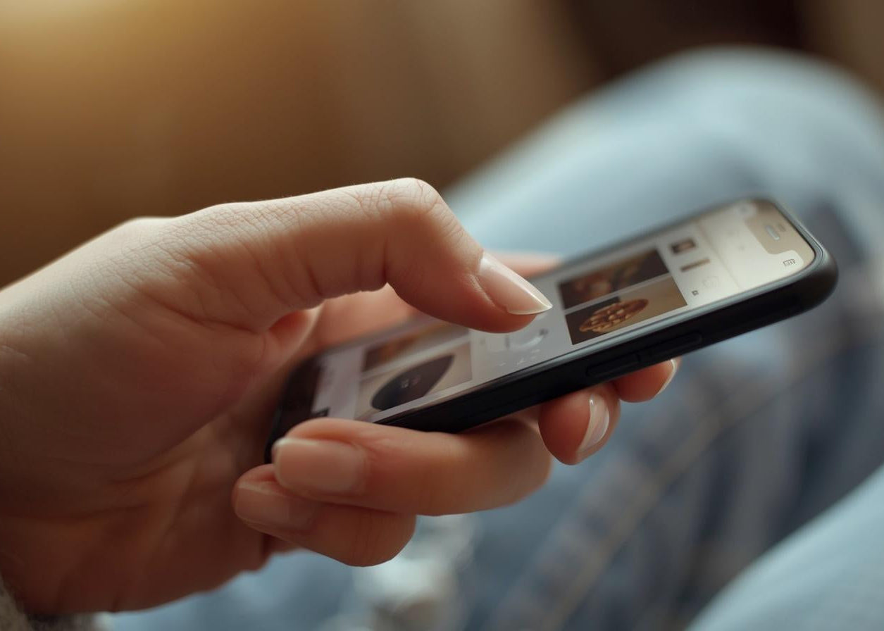 Hand scrolling through photos on a phone representing memories stored digitally