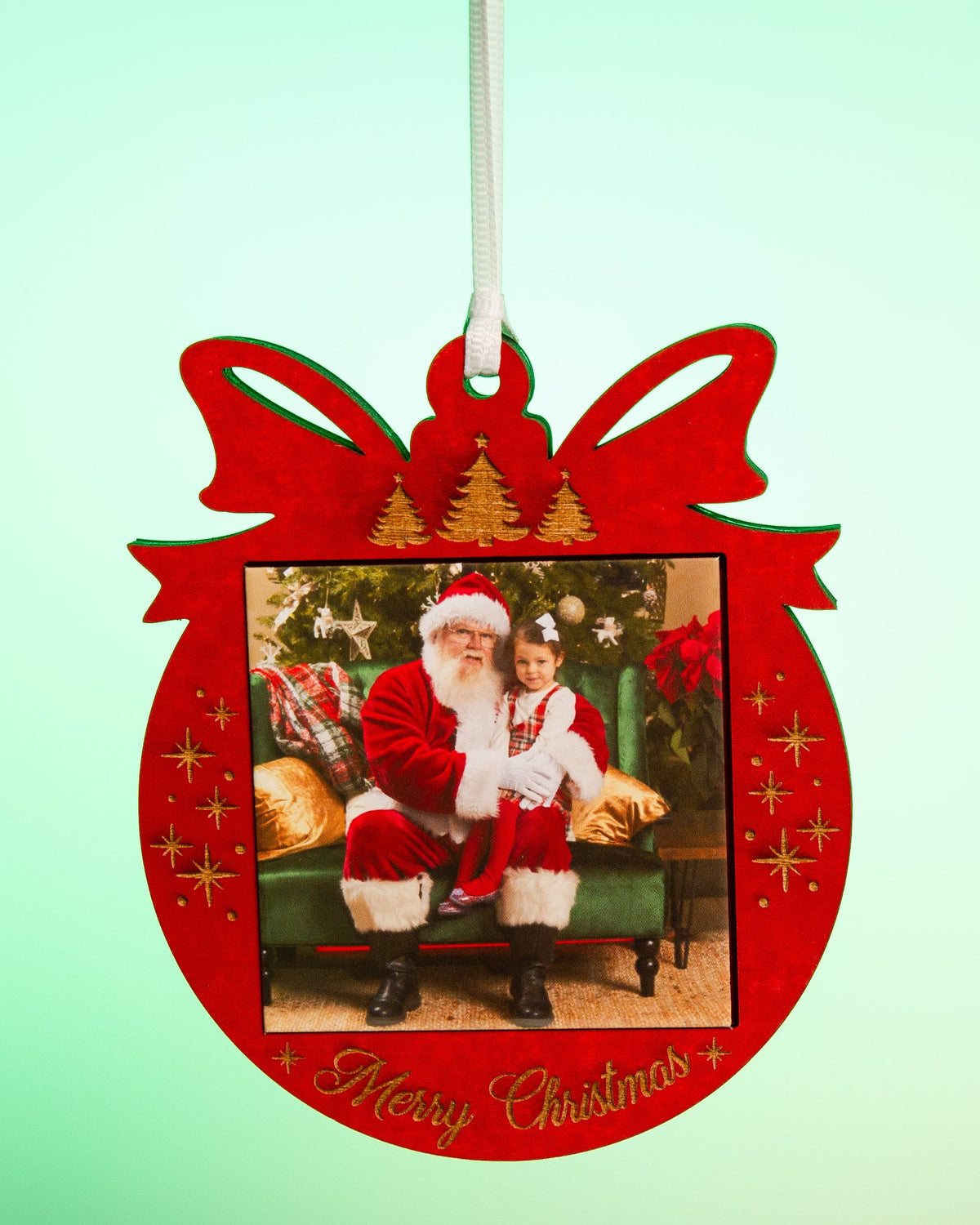 Red Merry Christmas photo magnet ornament with a personalized holiday photo