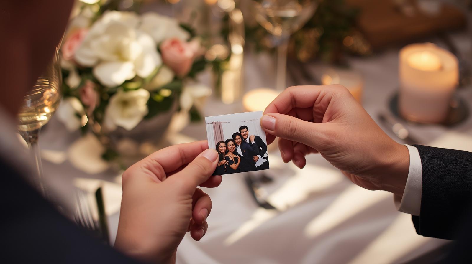 Hands holding a custom photo magnet at a wedding reception table setting