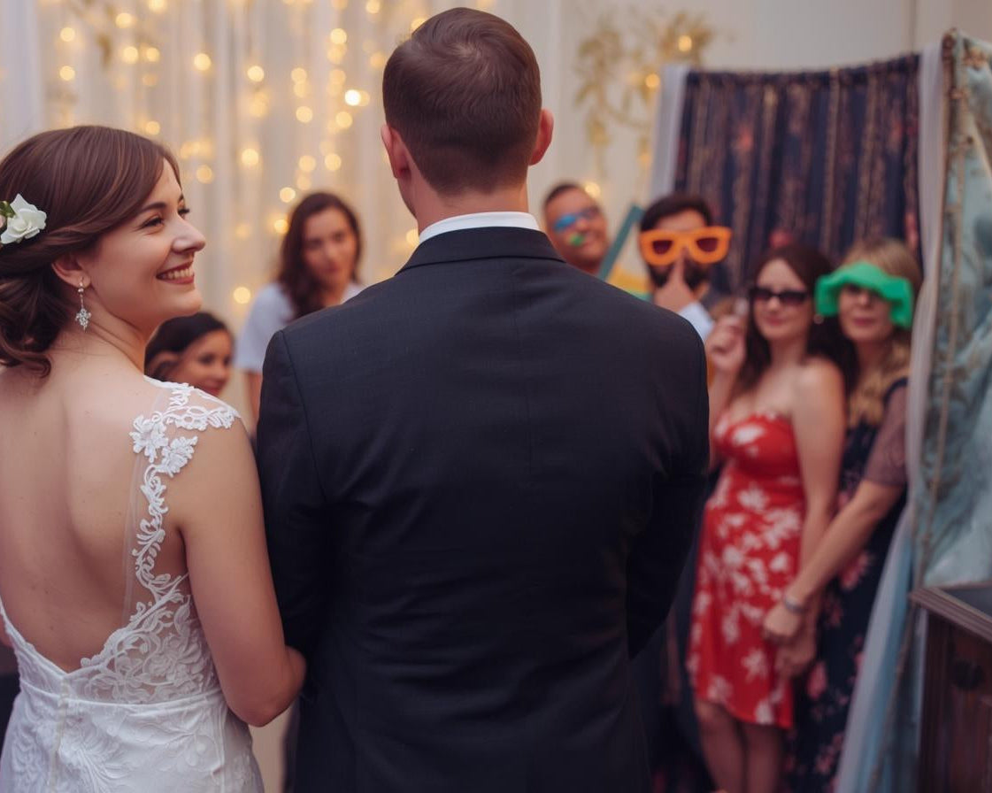 Bride and groom watching guests enjoy a live photo magnet experience at their wedding